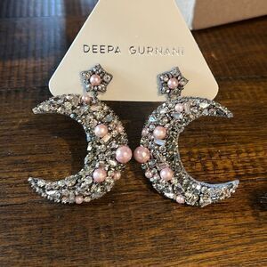 Deepa Gurnani Lavender Crystal Beaded Crescent Moon & Stars Earrings Silver/Pink